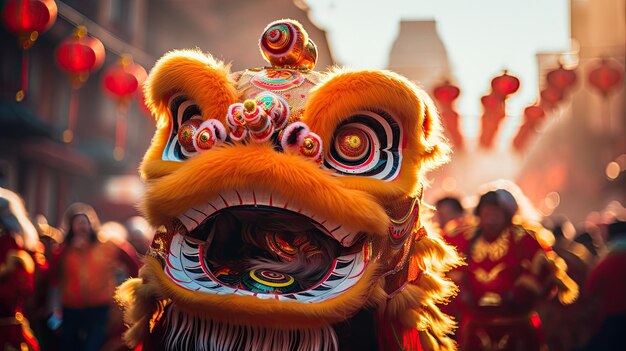 A lion with a red nose and ears and a blue sky behind it