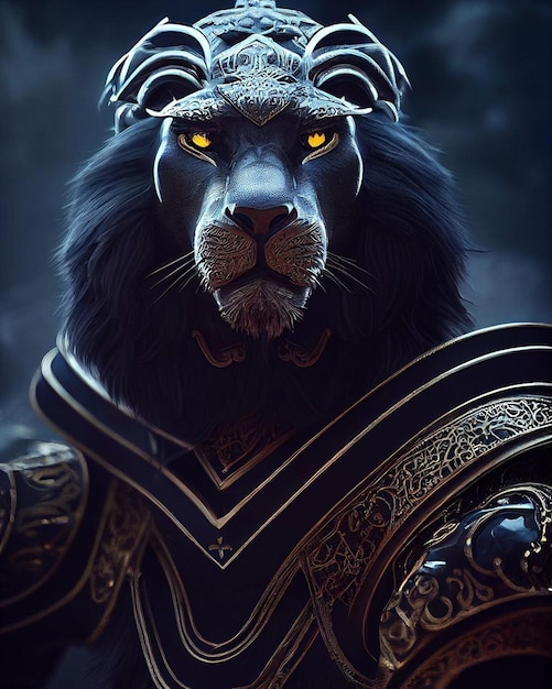 Photo a lion with a shield and a yellow eyes