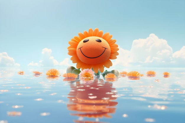 A lion with a smiley face sits in the water with flowers floating in the water.