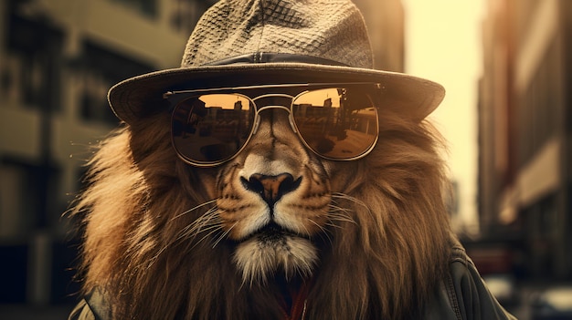 Photo lion with sunglasses and hat