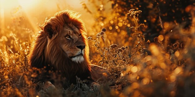 Photo a lion with sunset sun coming down on him