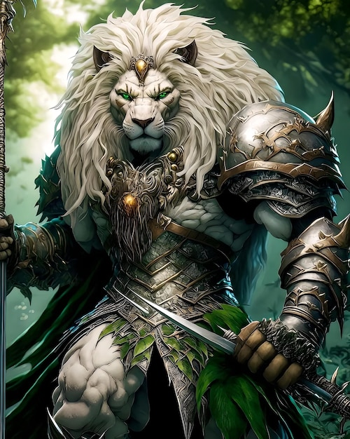 A lion with a sword and a green eyes stands in the forest.