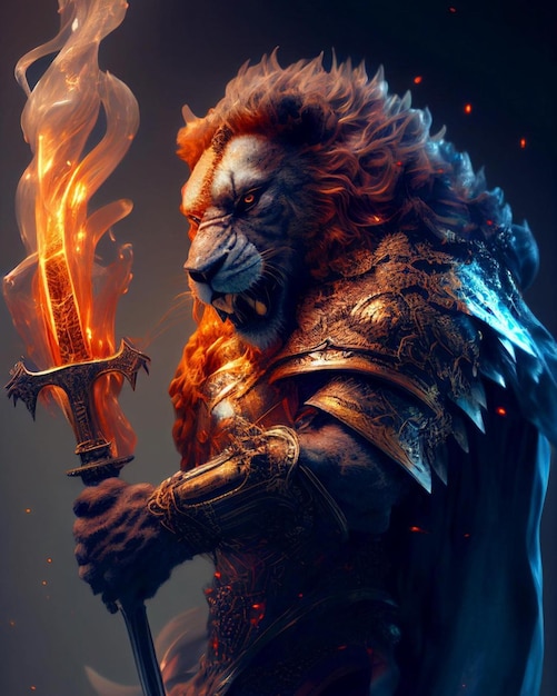 A lion with a sword in his hands