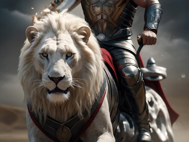 a lion with a sword on its back is next to a lion