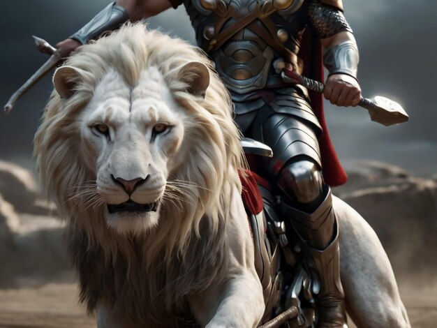 a lion with a sword and a man on a horse