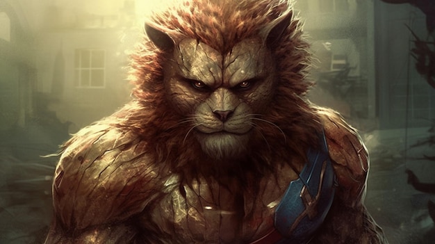 A lion with a sword and a shield on his chest