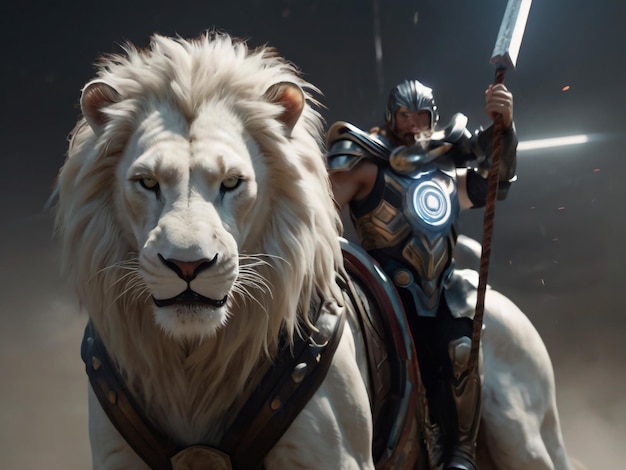 a lion with a sword and shield is being held by a lion
