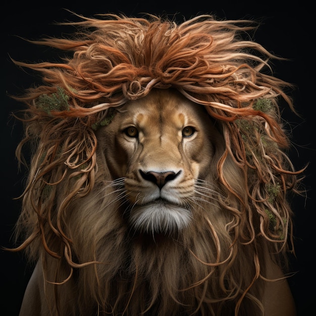 Lion with twigs in hair on dark background creative marketing campaign concept