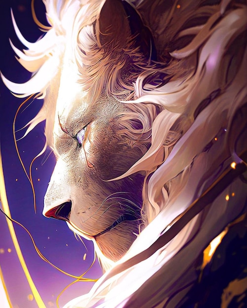 A lion with a white mane and a golden eye