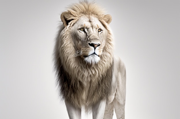 A lion with a white mane stands in front of a grey background.