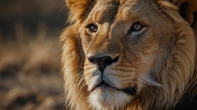 a lion with a white patch on its face is looking into the camera