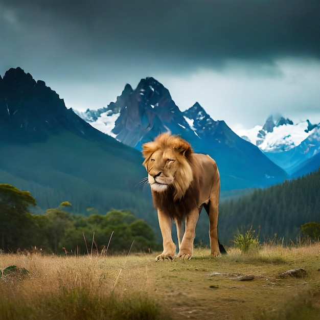 A Lion with a white tusk stands in a field with mountains in the background