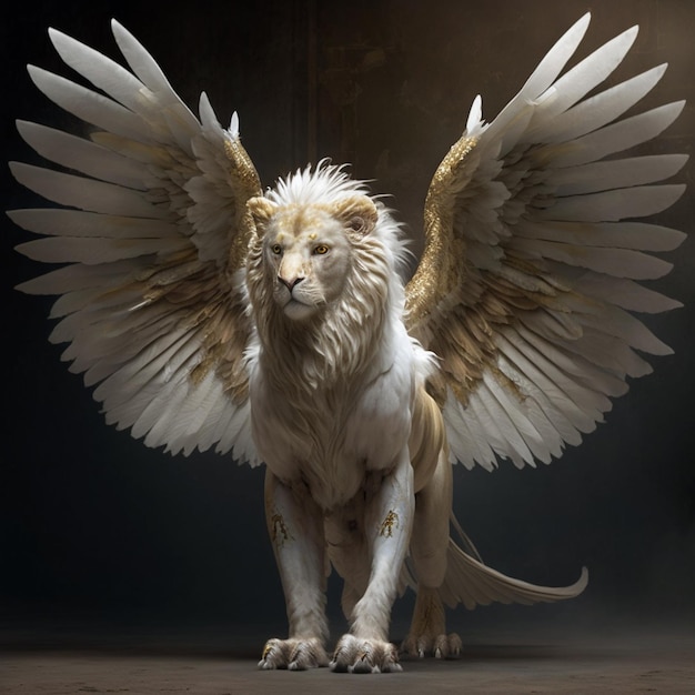 A lion with wings that says'angel'on it