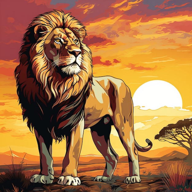 a lion with a yellow background with a sunset in the background