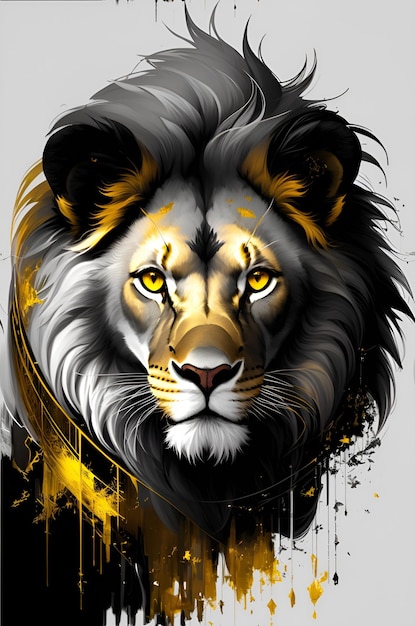 A lion with yellow eyes is on a white background