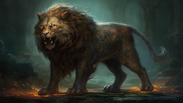 A lion with a yellow face and a blue eye is standing in a dark forest.
