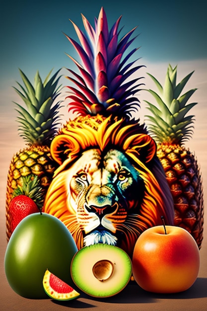 A lion with a yellow mane and a pineapple on it