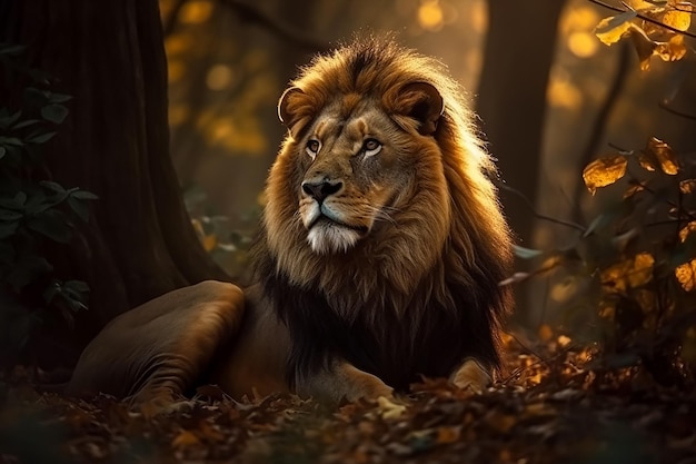 A lion in the woods with a golden glow