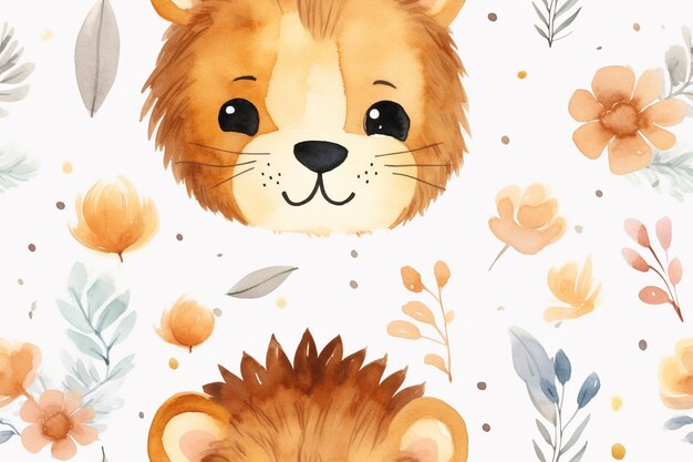 Photo lion in the world of watercolor flowers