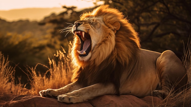 a lion yawns while laying on a rock