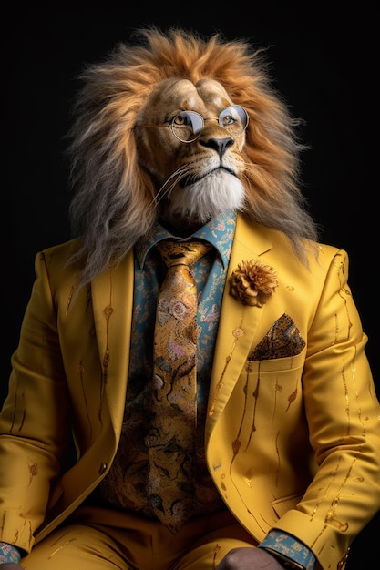 A lion in a yellow suit with a tie and a yellow jacket