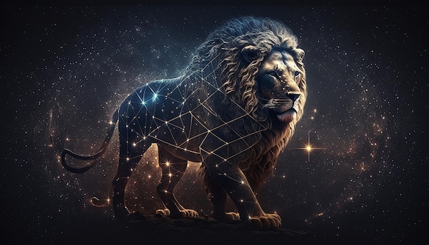宇宙背景にライオンの星座 ジェネレーティブ AI