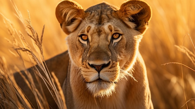 lioness in the African savannah as she prowls through tall grass with focused determination