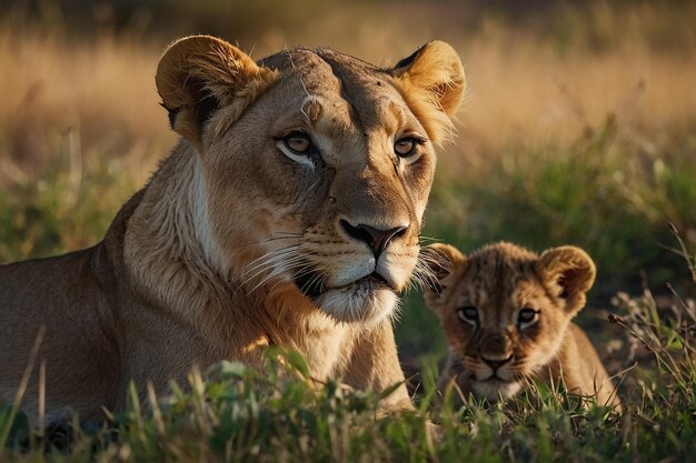 Lioness and cubs feasting on fresh kill
