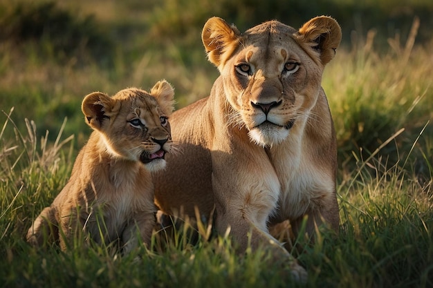 Lioness and cubs playing in grass