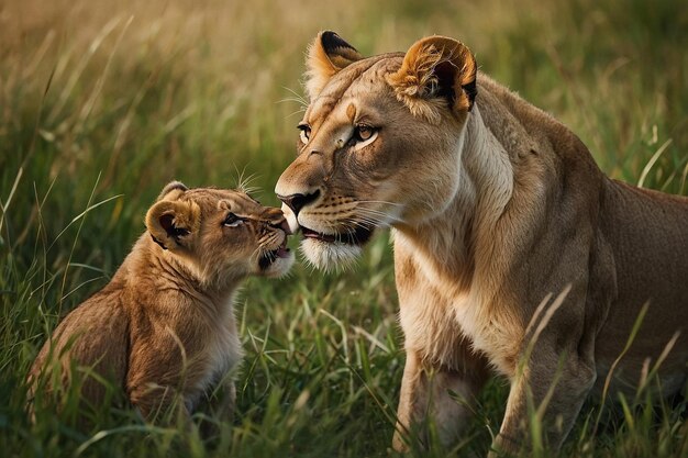 Lioness and cubs playing in grass