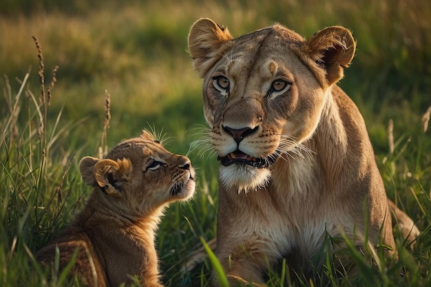 Lioness and cubs playing in grass