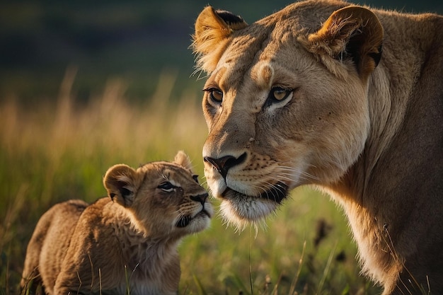 Lioness and cubs watching buffalo