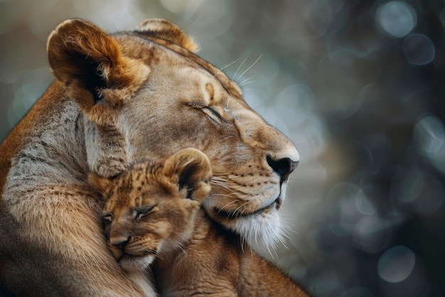 A lioness cuddles with her cub showing love and care