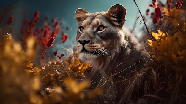 A lioness in a field of flowers