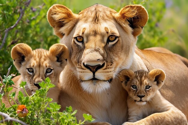 Photo a lioness and her cubs are laying in the grass