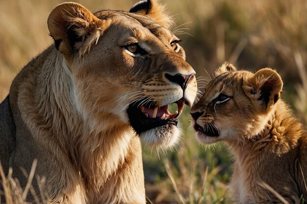 A lioness and her cubs playing together