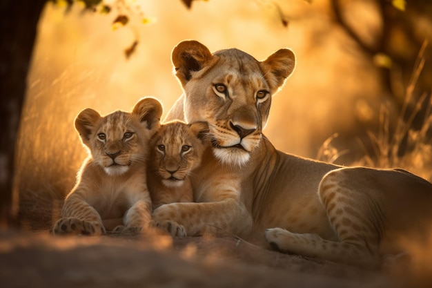 Lioness her cubs sunset Generate Ai