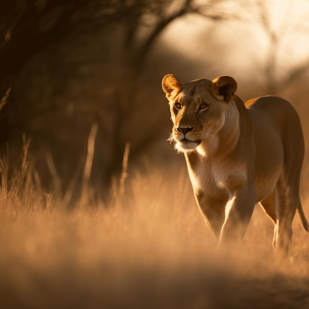 Львица на охоте Захватывающая фотография с золотым светом заката