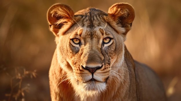 A lioness is looking at the camera.