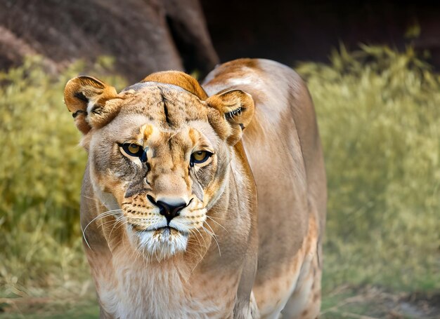 львица стоит в траве перед камнем.