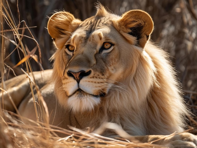 A lioness lies in the grass in the wild.