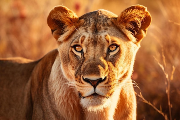 a lioness looks into the distance.