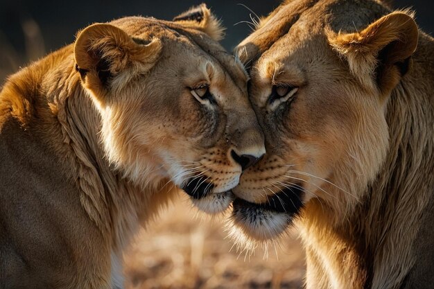 Photo lioness and mate grooming each other