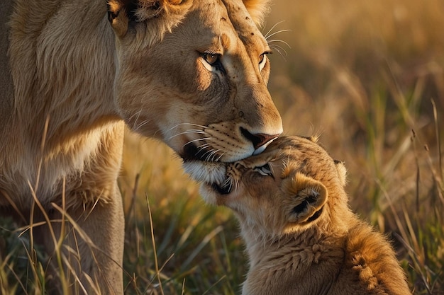 Lioness nuzzling cub affectionately