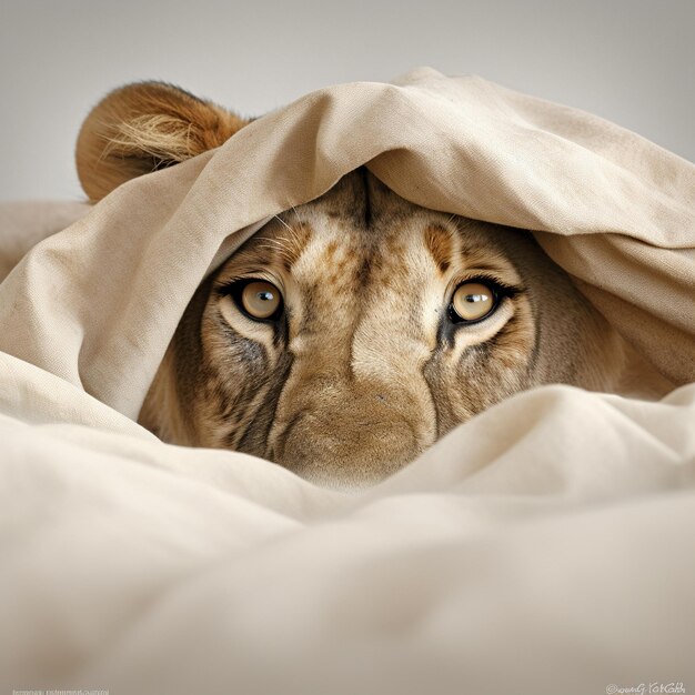 A lioness peeking out from under a blanket.