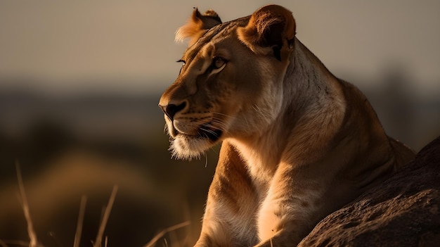 A lioness sits in the grass in the serengeti national park.