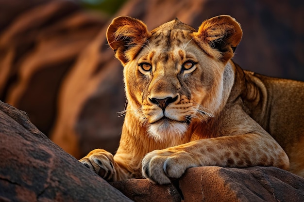 A lioness sitt on a rock