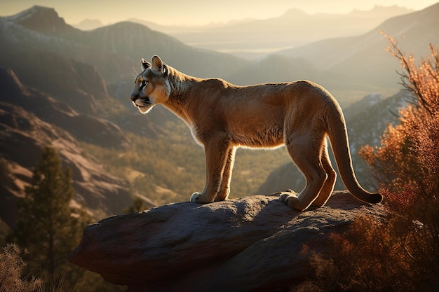 A lioness stands on a rock in the mountains.