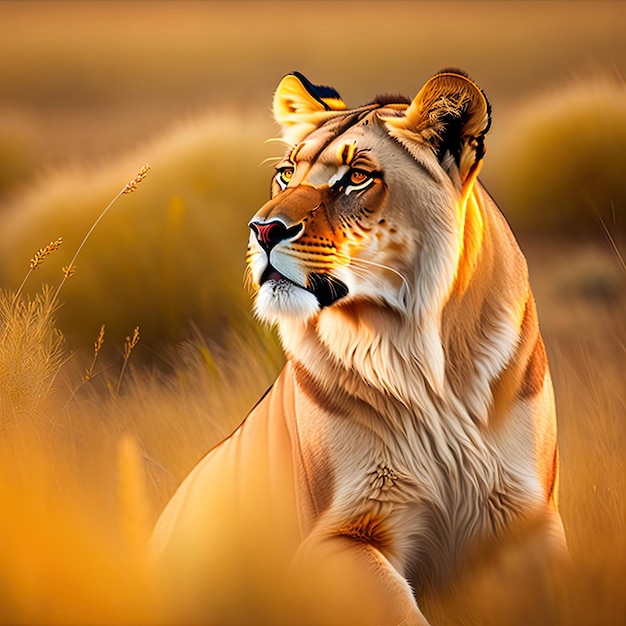 Lioness in tall yellow grass Wild african animals Postprocessed