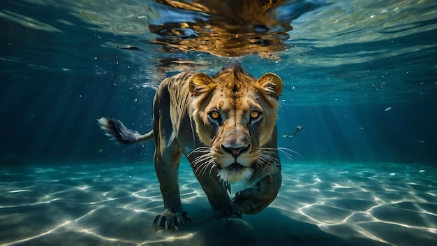 水の中の雌ライオン自然からの野生動物のシーン